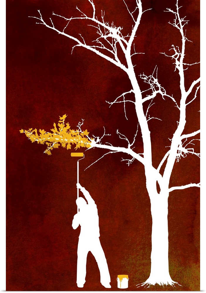 Contemporary painting of the silhouette of a man painting leaves on a bare tree with a warm textured background.