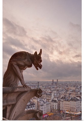 A gargoyle on Notre Dame de Paris cathedral looks over the city, Paris, France