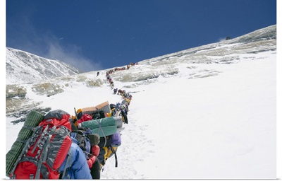 A Line Of Climbers On The Lhotse Face, Mount Everest, Sagarmatha National Park, Nepal