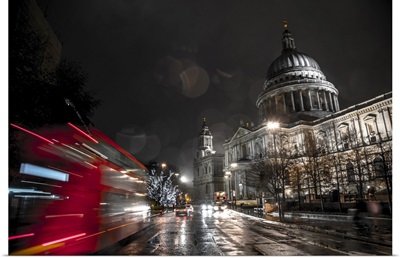 A London Bus Drives Past St. Paul's Cathedral Towards Christmas Lights, London, England