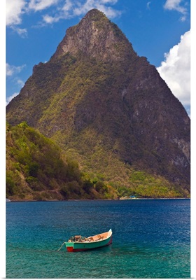 A wooden rowboat in the Atlantic Ocean, St. Lucia, Windward Islands, Caribbean