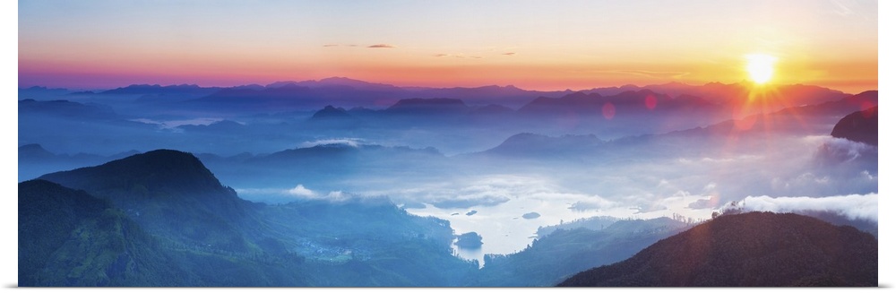 Adams Peak (Sri Pada) view at sunrise, mountains and the Maussakele Reservoir, Central Highlands, Sri Lanka, Asia.