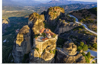 Aerial By Drone Of The Holy Monastery Of Varlaam At Sunrise, Meteora Monasteries, Greece