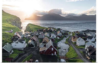 Aerial The Coastal Village Of Gjogv And Kalsoy Island At Dawn, Faroe Islands, Denmark