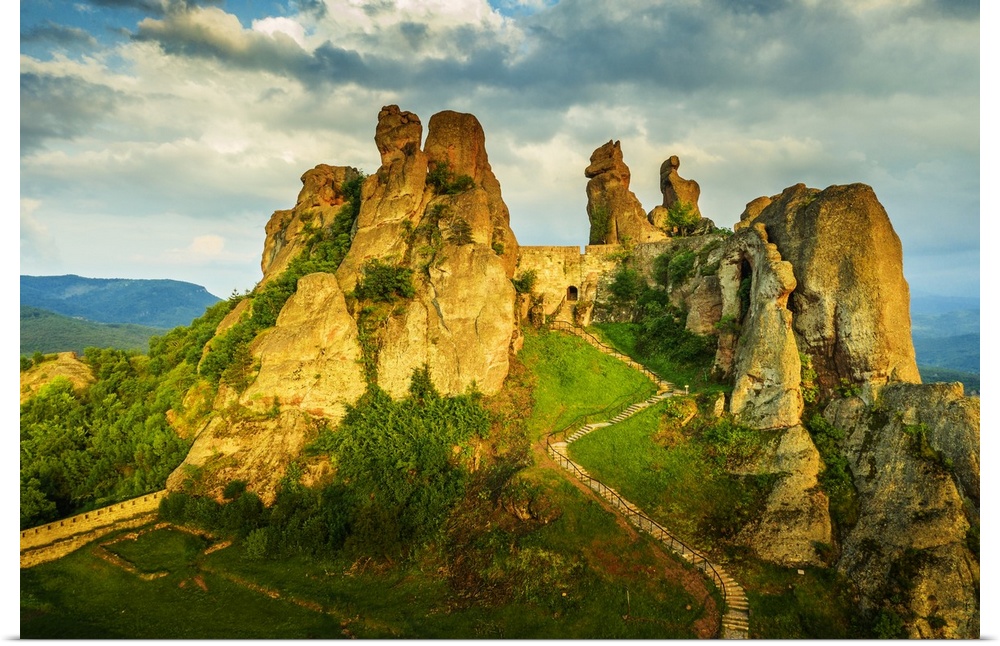 Aerial view by drone of Kaleto Rock Fortress rock formations, Belogradchik, Bulgaria, Europe