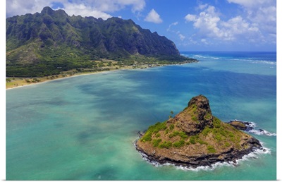 Aerial View By Drone Of Kaneohe Bay And MokolII Island, Oahu Island, Hawaii