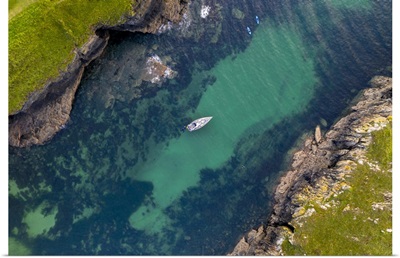 Aerial View Of A Yacht Moored In Port Quin, Cornwall, England, UK