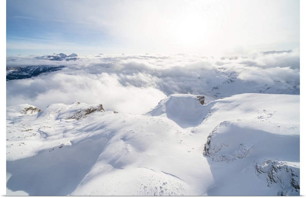 Aerial view of Sass Pordoi covered with snow, Sella group, Dolomites, Trentino-Alto Adige, Italy, Europe