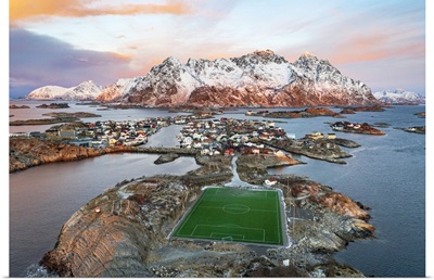 Aerial View Of Soccer Stadium And Henningsvaer Village, Lofoten Islands, Norway