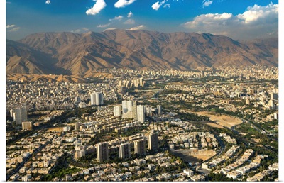 Aerial view of Tehran facing North towards the Alborz Mountains, Tehran, Iran