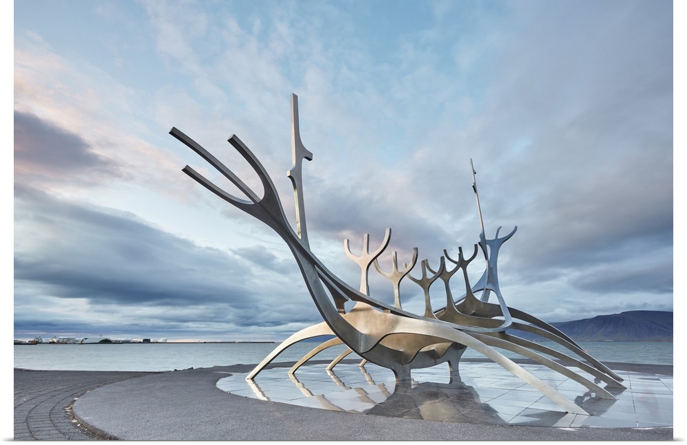An evening view of the Suncraft sculpture, on the seafront at Reykjavik, capital city of Iceland, Polar Regions