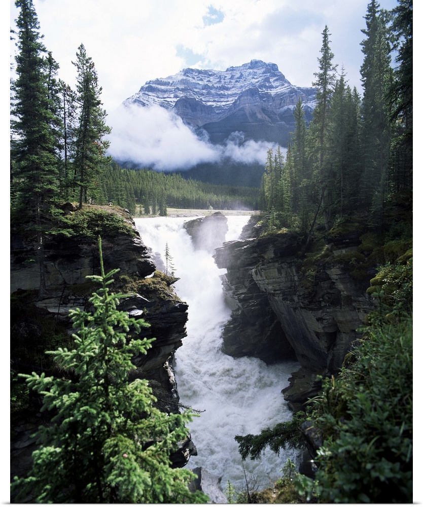 Athabasca Falls and Mount Kerkeslin, Jasper National Park, Alberta, Canada