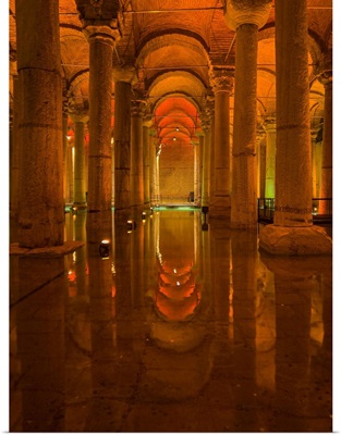 Basilica Cistern With An Orange Illumination, Istanbul, Turkey, Europe