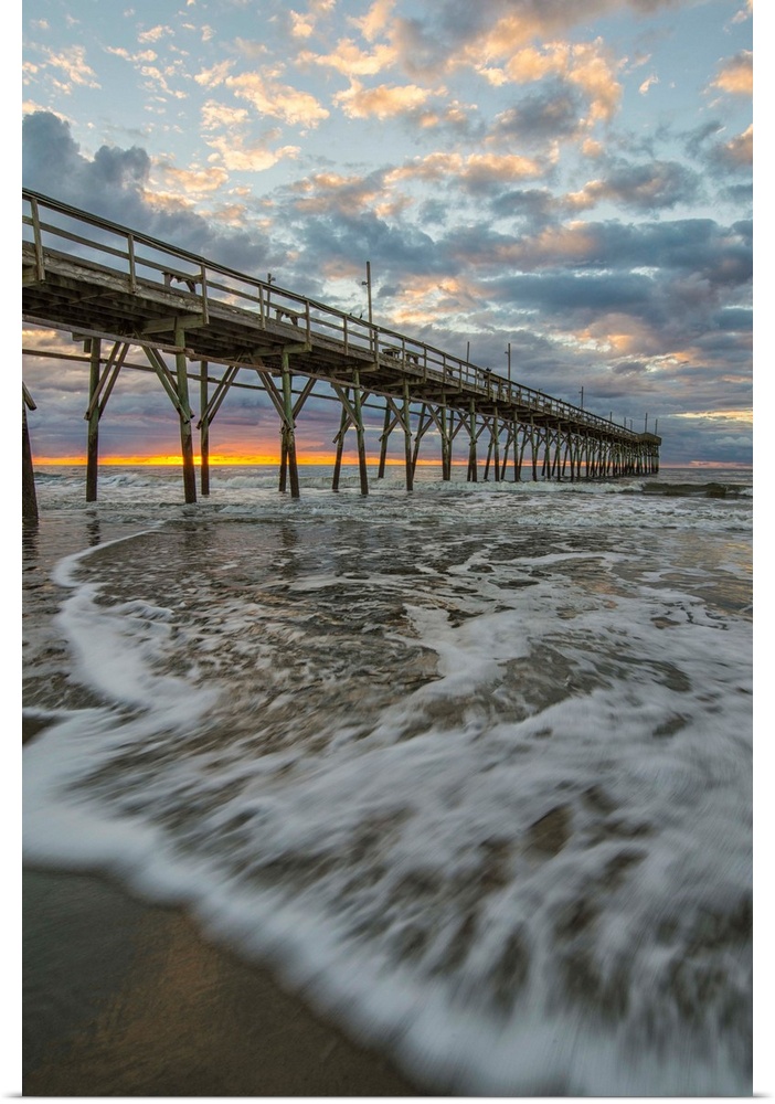 Beach, ocean, waves and pier at sunrise, Sunset Beach, North Carolina, United States of America, North America