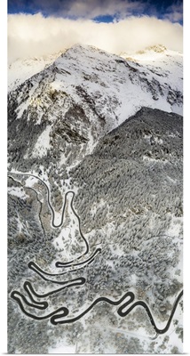 Bends Of Maloja Pass On Snowy Mountain Ridge, Bregaglia Valley, Engadine, Switzerland