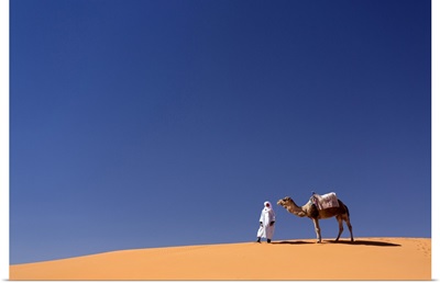 Berber Man With Camel, Erg Chebbi Sand Sea, Sahara Desert Near Merzouga, Morocco