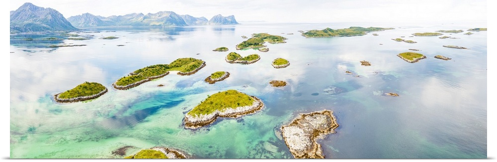 Aerial view of Bergsoyan Islands in the emerald transparent water of the fjord, Senja, Troms county, Norway, Scandinavia, ...