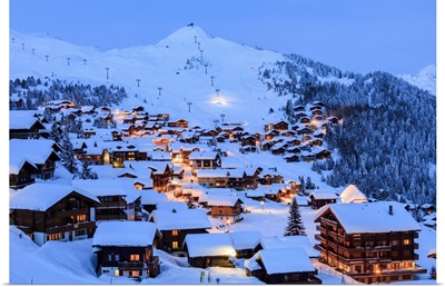 Blue Dusk On The Snowy Alpine Village Surrounded By Ski Lifts, Bettmeralp, Switzerland