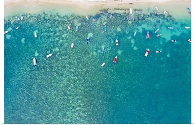 Boats In The Turquoise Water Of Lagoon, Mont Choisy Beach, Mauritius, Indian Ocean