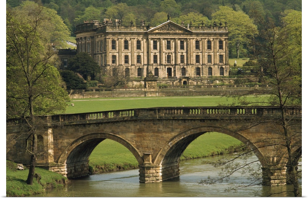 Bridge over the river and Chatsworth House, Derbyshire, England, UK