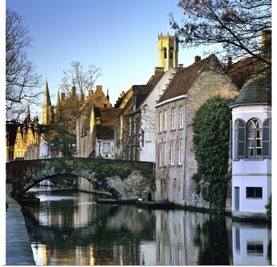 Canal view with Belfry in winter, Bruges, West Vlaanderen (Flanders), Belgium