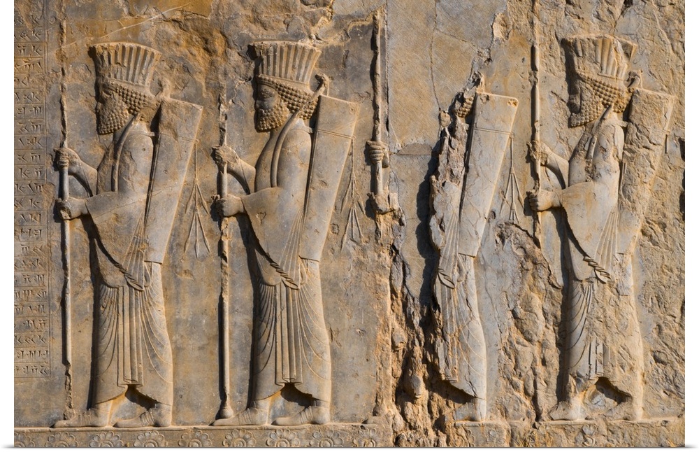 Carved relief of four Royal Persian Guards, facade of Private Palace of Darius the Great (Tachara), Persepolis, UNESCO Wor...