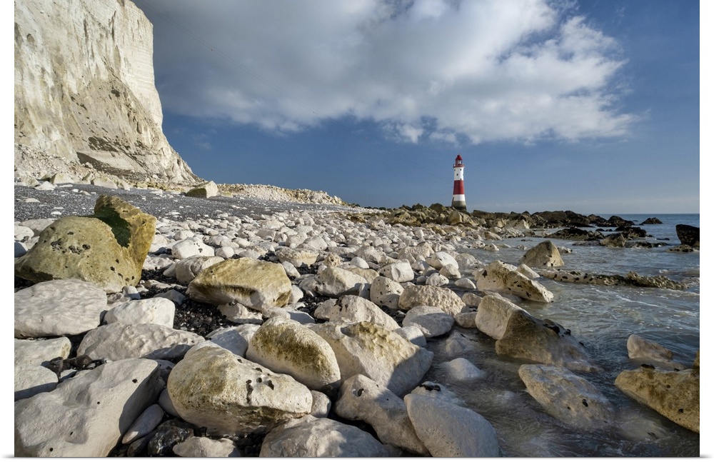 Chalk Boulders below Beachy Head & Beachy Head Lighthouse, near Eastbourne, South Downs National Park, East Sussex, Englan...