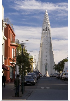 Church of Hallgrimskirkja, rising above the city, Reykjavik, Iceland