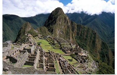 Classic view from Funerary Rock of Inca town site, Machu Picchu, Peru