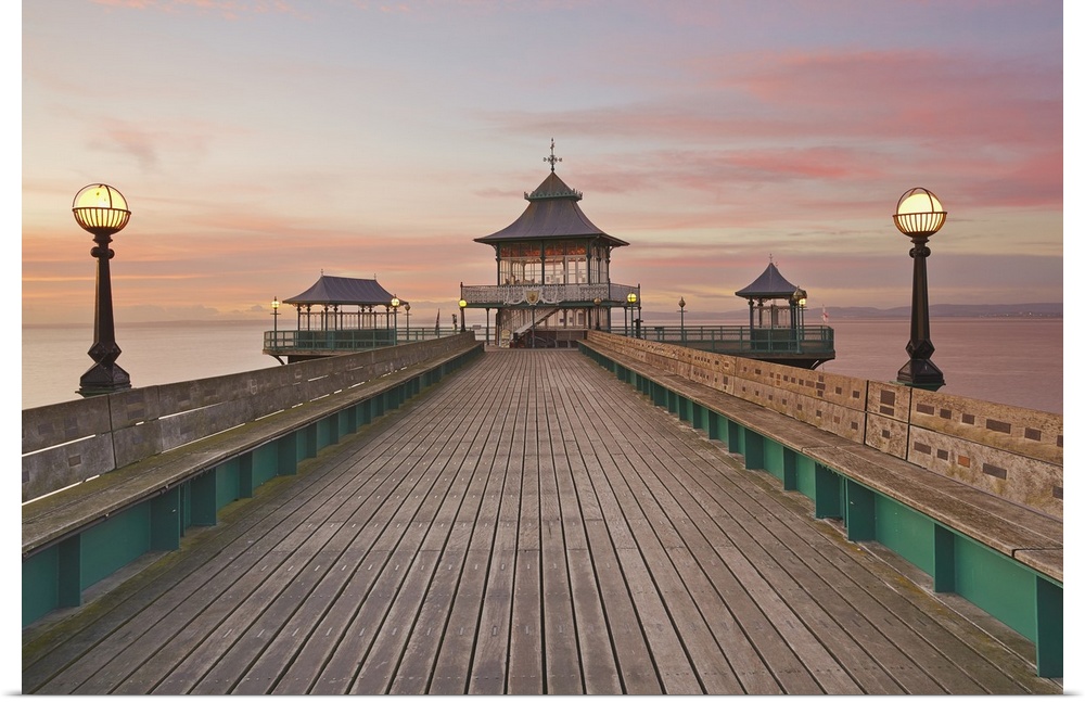 A dusk view of Clevedon Pier, in Clevedon, on the Bristol Channel coast of Somerset, England, United Kingdom, Europe