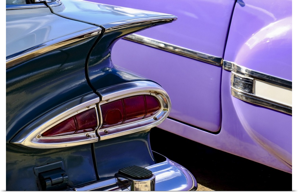 Close-up view of two colorful vintage cars, Havana, Cuba, West Indies, Central America