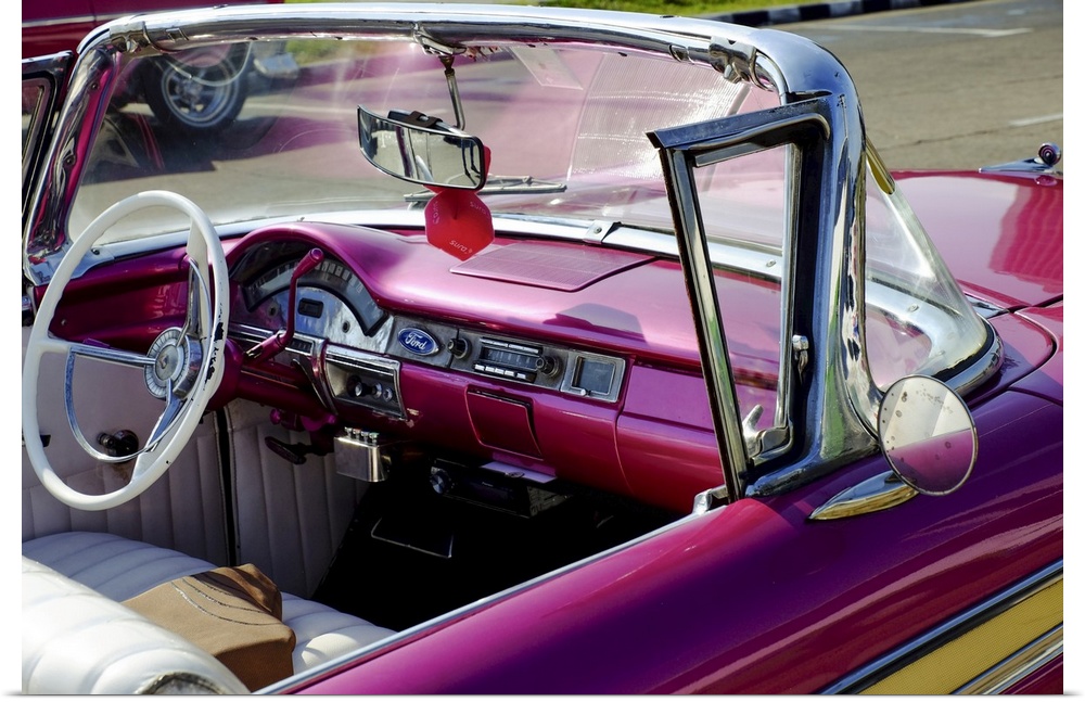 Close view of driver's seat of classic vintage convertable car, Havana, Cuba, West Indies, Central America