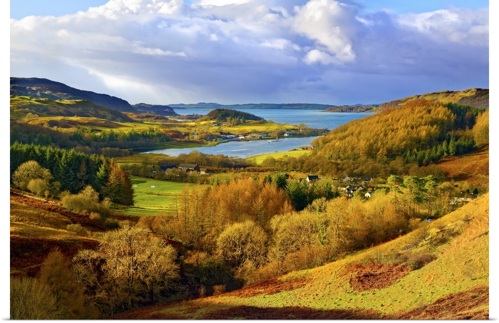 A scenic autumn view of a coastal landscape in the Scottish Highlands, looking towards Loch Melfort, Highlands, Argyll and...