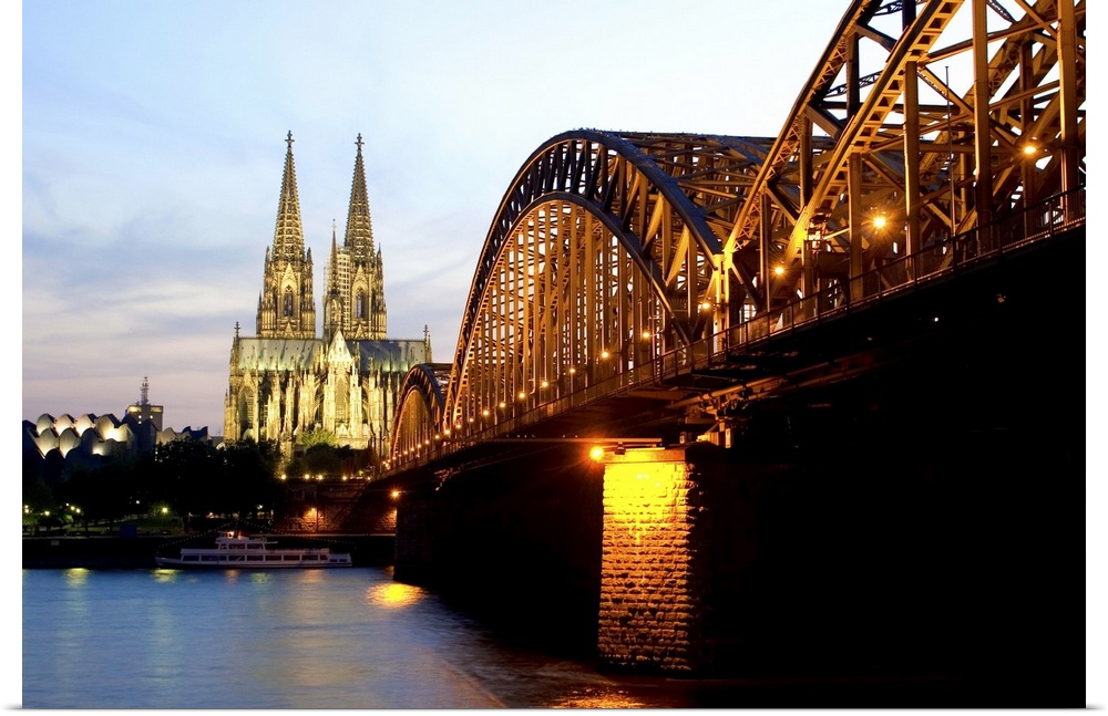 Cologne cathedral and Hohenzollern bridge at night, Cologne, Germany