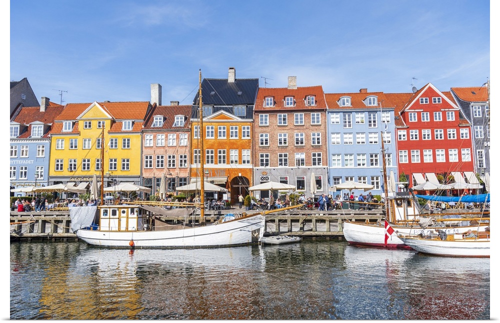 Colorful houses and moored boats in Nyhavn harbour, daytime, Copenhagen, Denmark, Scandinavia, Europe