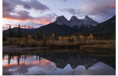 Colourful Sunrise Over Three Sisters At Policeman Creek In Autumn, Alberta, Canada
