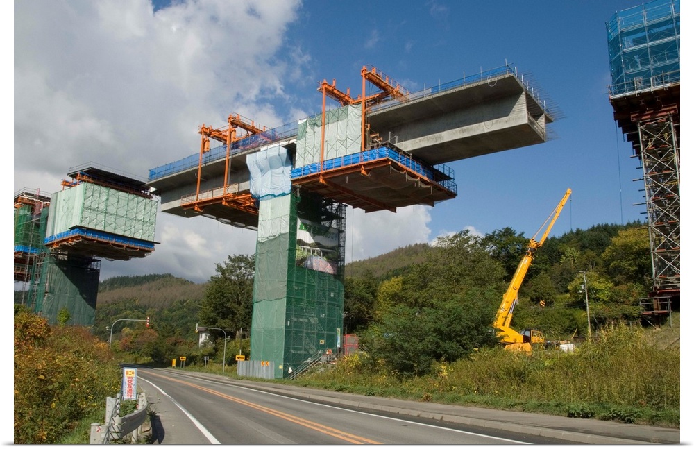 Construction of new viaduct near Hidaka, for freeway from Sapporo to Obihiro, Japan
