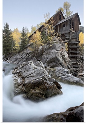 Crystal Mill with aspens in fall colors, Crystal, Colorado