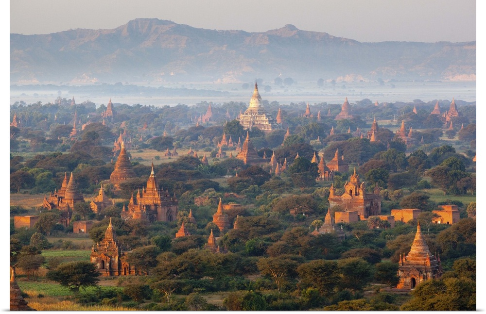 Dawn over ancient temples from hot air balloon, Bagan (Pagan), Central Myanmar, Myanmar (Burma), Asia.