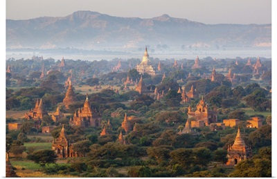 Dawn over ancient temples from hot air balloon, Bagan, Central Myanmar, Myanmar