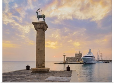 Deer And Doe On Columns, Mandraki Harbour, Sunrise, Rhodes Island, Greek Islands, Greece