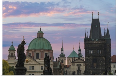 Details Of Statues And Spires At Charles Bridge At Sunrise, Czech Republic