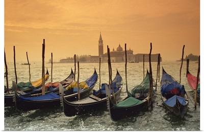 Docked gondolas towards St. Mark's Square, Venice, Veneto, Italy