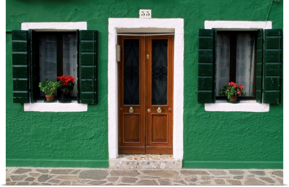 Door and windows of a house, Burano, Venice, Veneto, Italy
