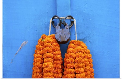 Door, padlock and flower garlands, Kolkata, West Bengal, India