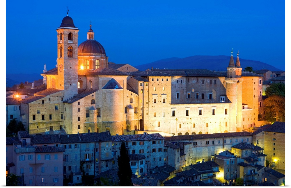 Ducal Palace at night, Urbino, Le Marche, Italy, Europe