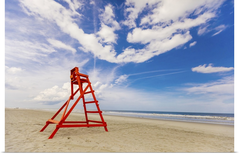 Empty lifeguard chair on empty Jacksonville beach during closing hours during Covid-19 pandemic, Florida, United States of...