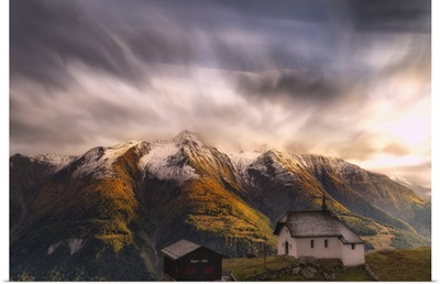 Fairy Tale Landscape And Autumn Sunset Over Bettmeralp, Canton Of Valais, Switzerland