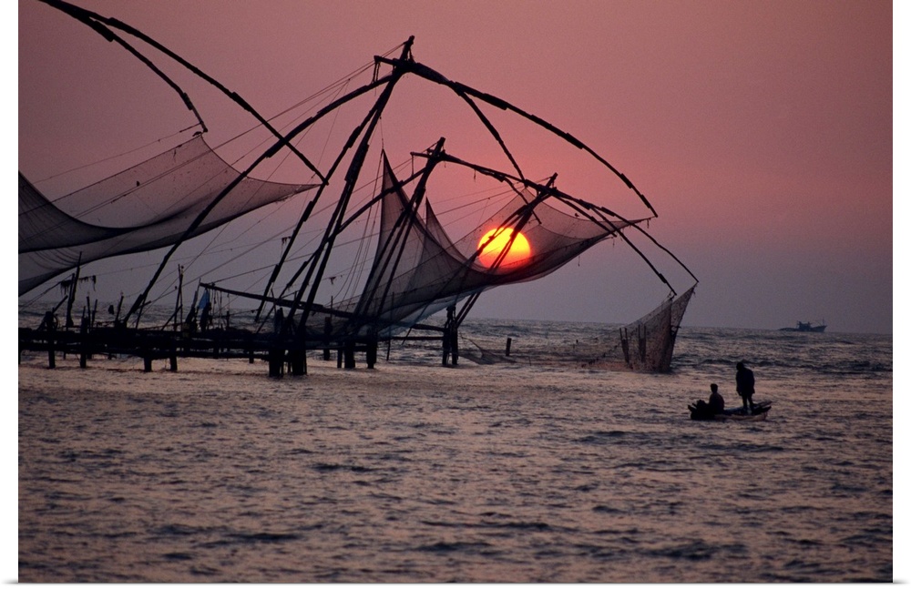 Fishing nets at sunset, Cochin, Kerala state, India, Asia