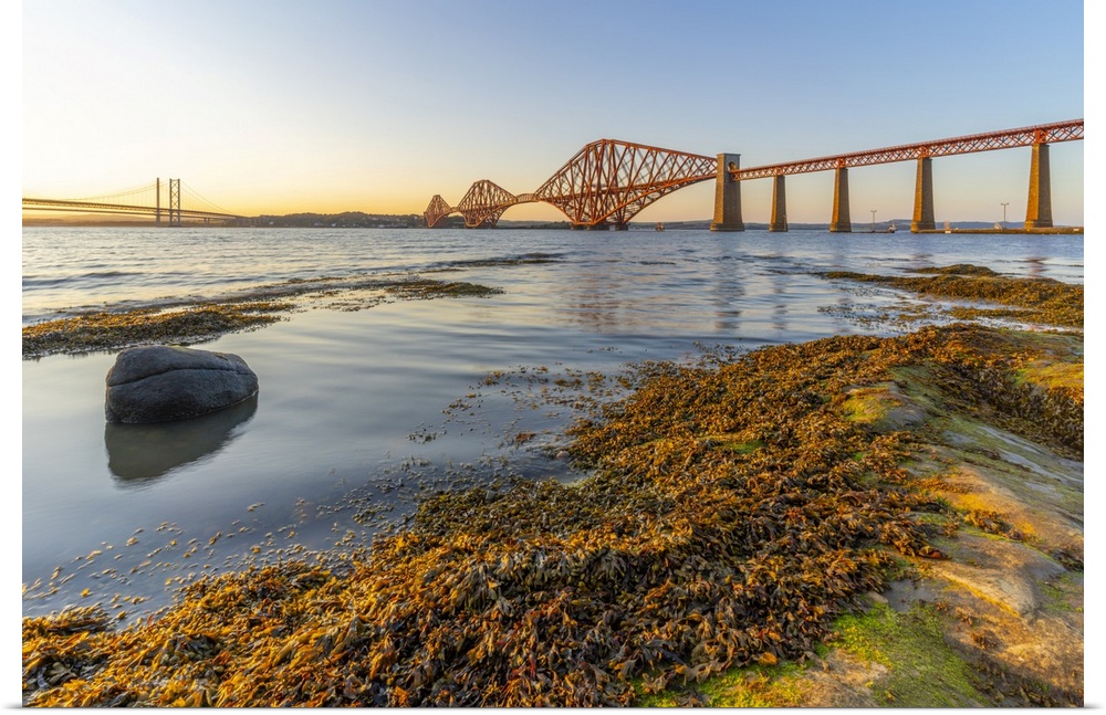 View of the Forth Road Bridge, Queensferry Crossing and Forth Rail Bridge, UNESCO World Heritage Site, over the Firth of F...